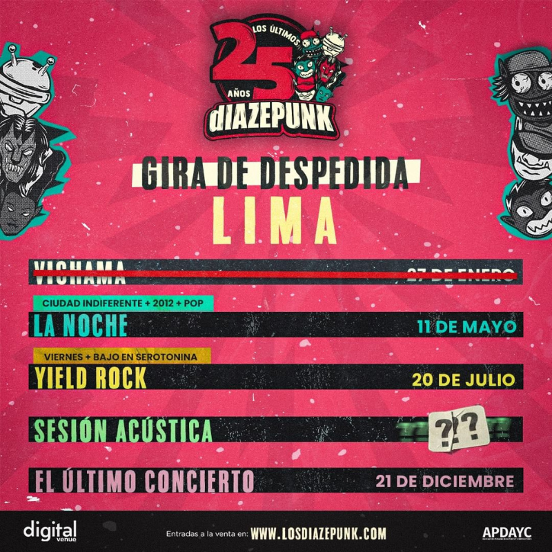 ¡Únete a la celebración de los 25 años de Diazepunk en La Noche de Barranco! Compra tus entradas ahora y vive una verdadera descarga de Punk.