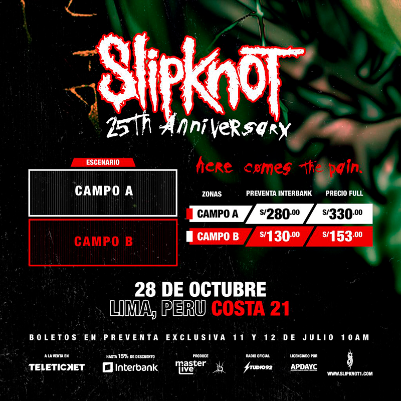 Entradas y precios para el concierto de Slipknot en Lima, Perú 2024.