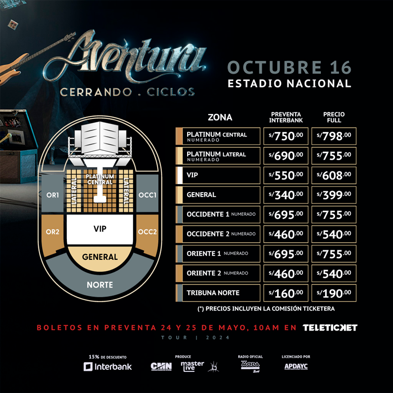 Entradas y precios para el concierto de Aventura en Lima, Perú 2024.