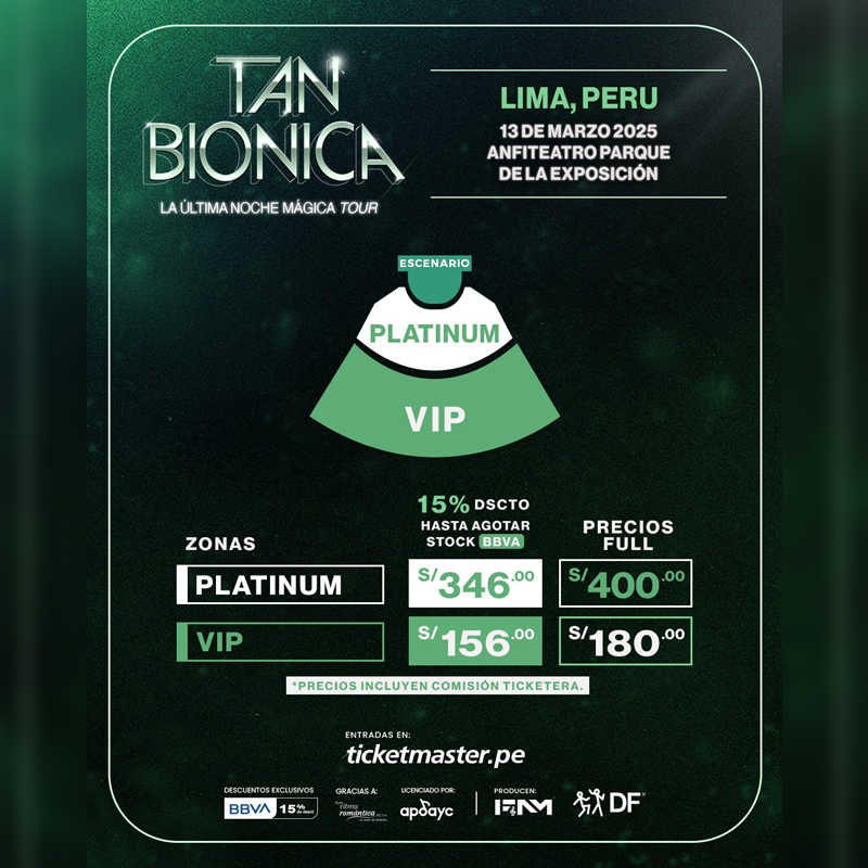 Entradas y precios para el concierto de Tan Bionica en Lima, Perú 2025