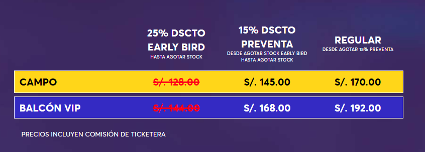 Tabla con los precios y entradas del concierto de Chapterhouse en Lima 2026 para el show del 1 de octubre en Ticketmaster.