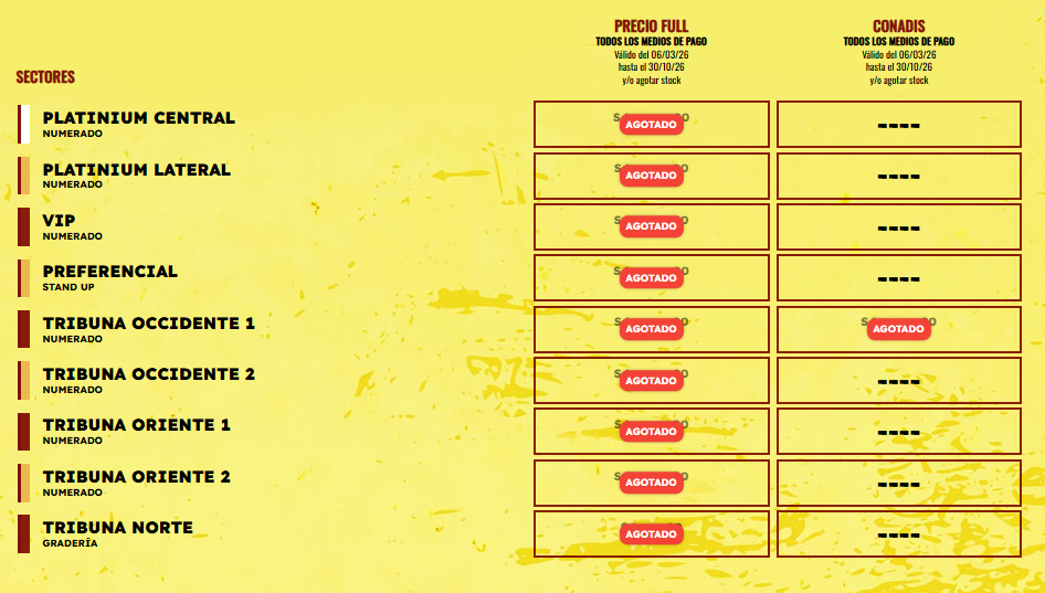 Tabla con los precios y entradas del concierto de Hombres G en Lima 2026 para el show de octubre en Teleticket.